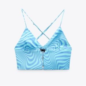 Zara Satin Cut Out Front Light Blue Crop Tank Top Size Medium NWT